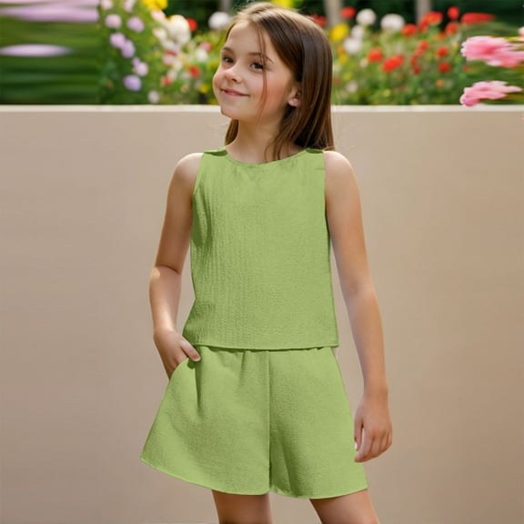 NAISIBABY Girl's Sets 2-Piece, Sleeveless Tank Tops and Shorts with Pockets Solid Color Kids 2025 Summer Casual Outfits Green 5-6T