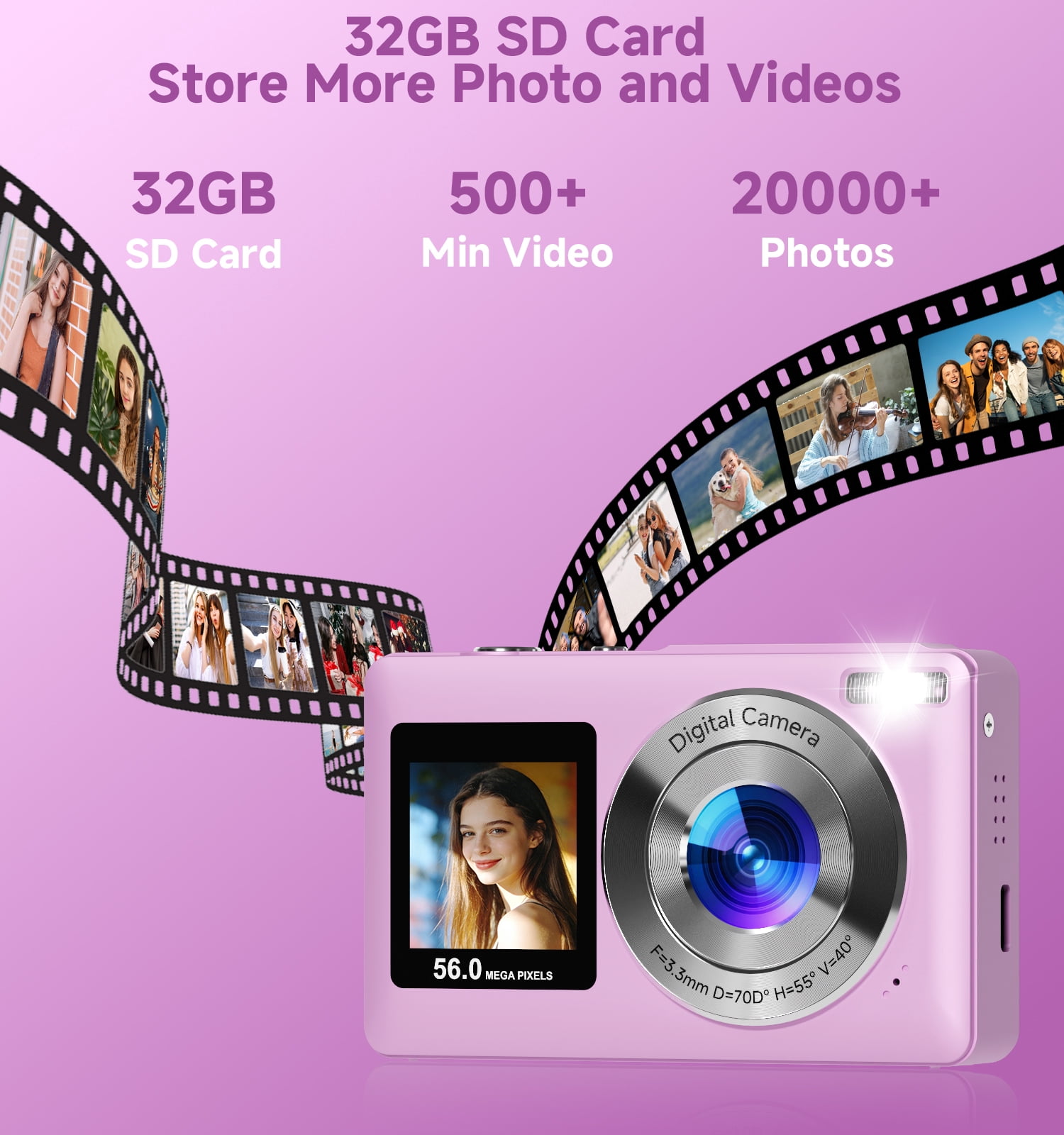 KEEPBERRY 2026 Upgraded 56MP Dual Screens Digital Camera, Compact Cameras Built-in Battery with 16X Zoom Auto Focus Travel Cameras with Smile Capture 32GB SD Card Anti Shake for Kids Teens(Purple)
