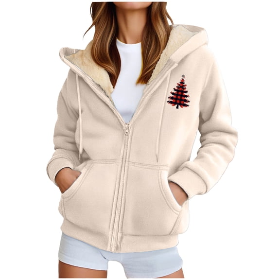 Xmas Warm Fleece Long Sleeve Coat for Women Christmas Tree Winter Zip Up Hooded Jackets Thermal Thick Outerwear
