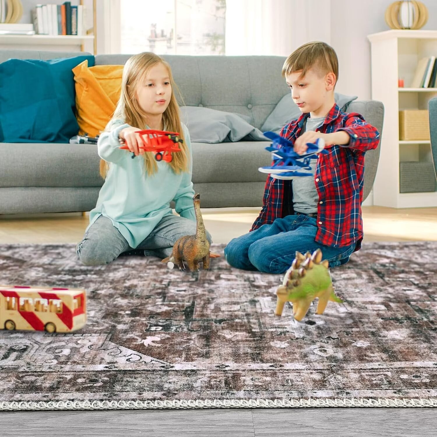 Garvee 8x10 Washable Rugs Boho Tribal Rug Vintage Persian Distressed Area Rug Floral Print Floor Carpet Oriental Carpet for Dining Room Home Office, Brown