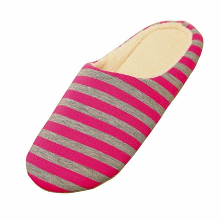 

Unisex Indoor Slippers Warm Stripes Slippers Autumn Winter Cotton Slippers for Men Women - Size 38/39(Rose Red)