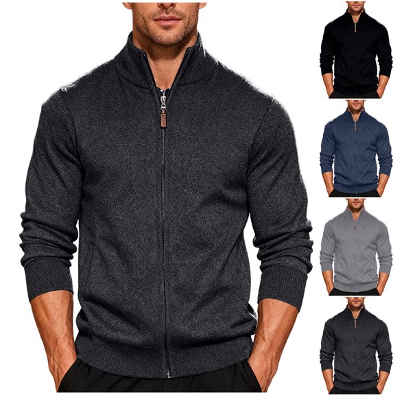 RYDCOT Men's Casual Slim Full Zip Thick Knitted Cardigan Sweaters with Pockets Navy