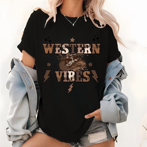Womens Western Vibes Print T Shirts Country Graphic Tees Retro Cowgirl Short Sleeve Casual Tops Black,4XL