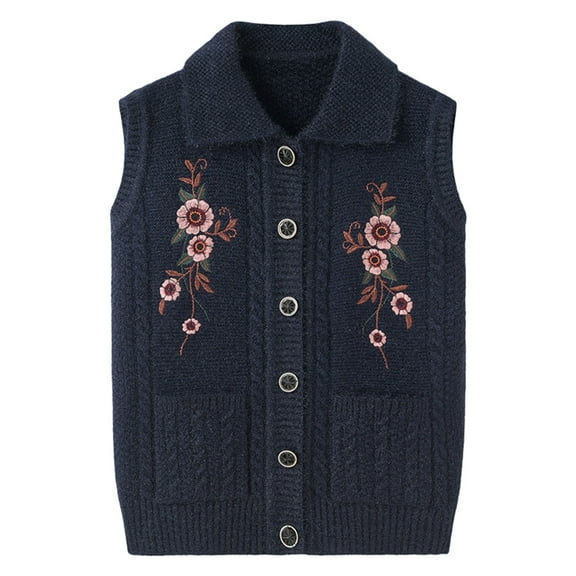 Juosiy Women Stylish Vintage Floral Embroidery Cable Knit Sweater Vest Sleeveless Lapel Comfortable Sweater Shawl