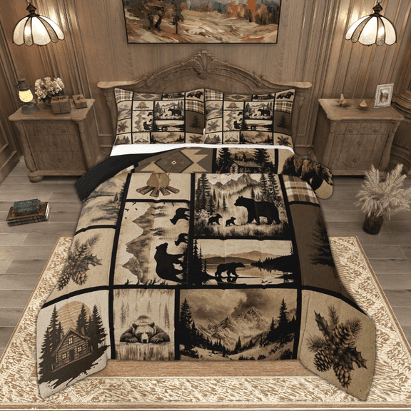 Manfei Hunting Bear Animal Full Size Comforter Sets, Rustic Farmhouse Bedding Comforter Set, Brown Plaid Bedding Sets, Luxury Bedroom Decor Reversible 3-Piece