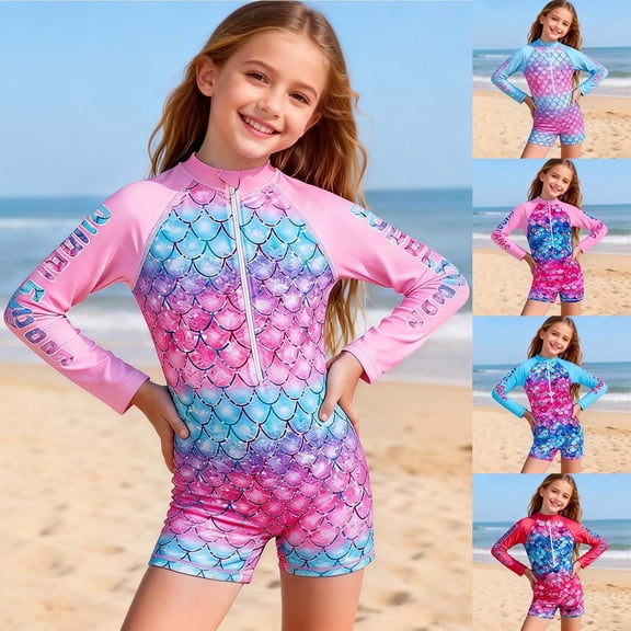 Girls One Piece Swimsuit Bathing Suit Kids Swimming Girls' Long Sleeved Mermaid Scale Printed Sun Protective Swimming Outfit