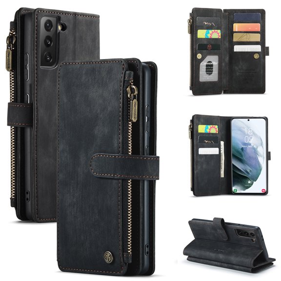Samsung Galaxy S21 Plus Case, Magnetic Wallet Case Premium Durable PU Leather Zipper Pocket Card Holder Kickstand Phone Protective Cover for Galaxy S21 ,Black