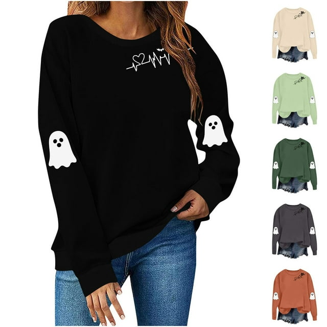 Sentmoon Vêtements pour Femmes Grande Taille Manches Longues Col Rond Hauts Mignons pour Femmes Ample avec Imprimé T-Shirt Respirant Automne et Hiver pour Fêtes d'Halloween et Événements Costume Orange m