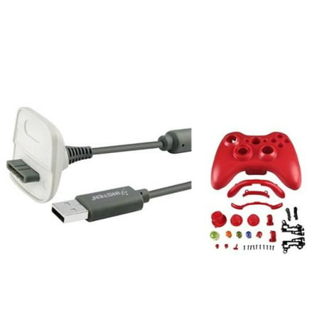 Insten Red Hard Shell Case+USB Charging Cable For Xbox 360 Wireless Controller