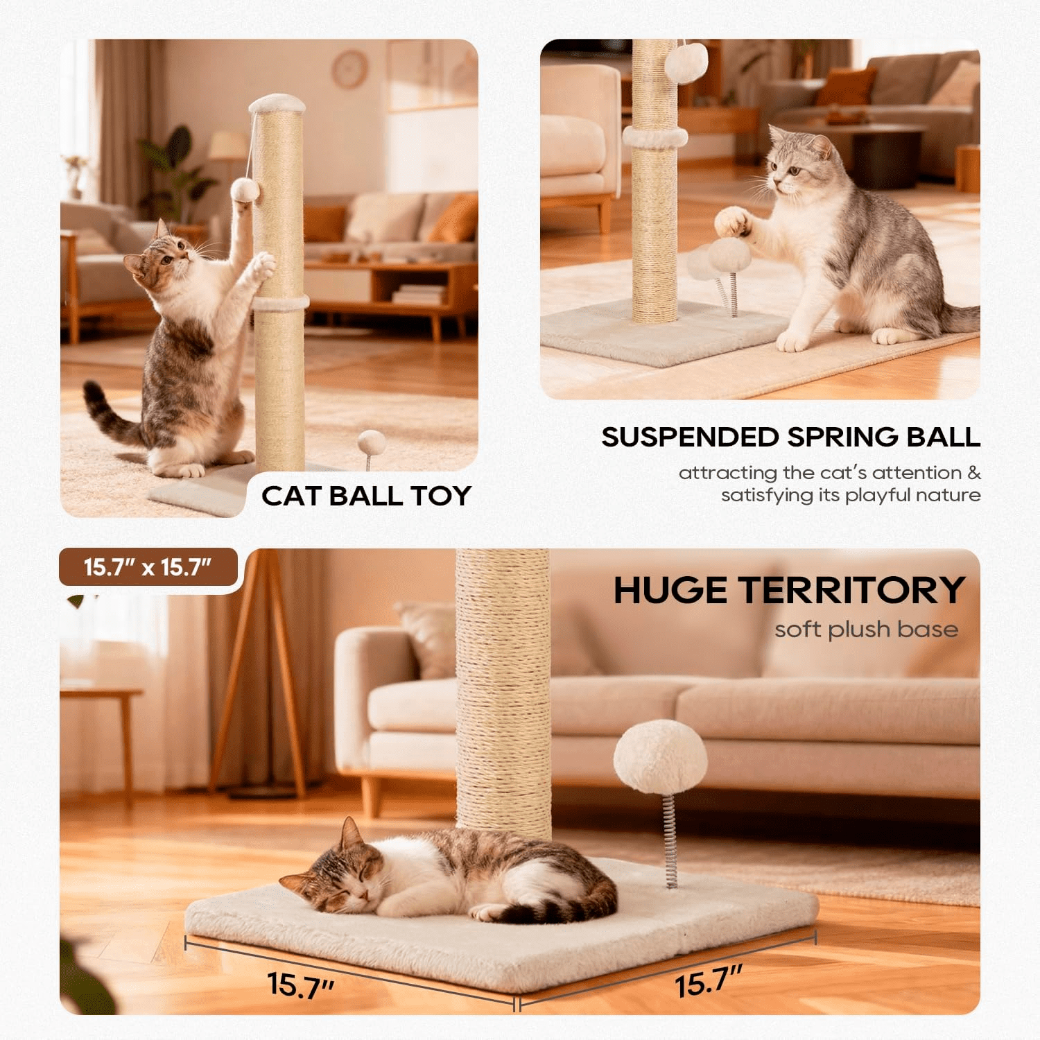 BORGEBY 33 Inch Cat Scratching Post, Natural Sisal Rope Cat Scratcher with Hanging Ball Toy for Indoor Cats and Adults ,Beige