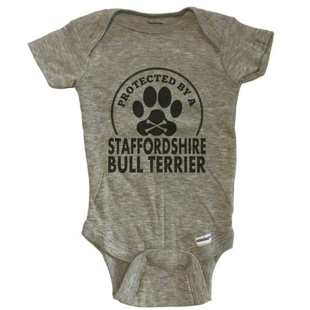

Protected By A Staffordshire Bull Terrier Funny Baby Bodysuit - Grey