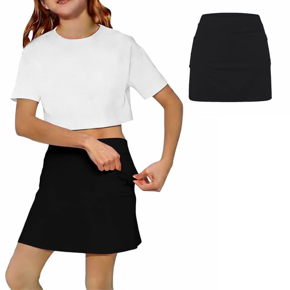 Girls Black Skirts Casual Mini Flare Pleated Skirt with Shorts High Waisted Skater Skirt A Line Skorts Tennis Cheerleading Play 8-9 Years