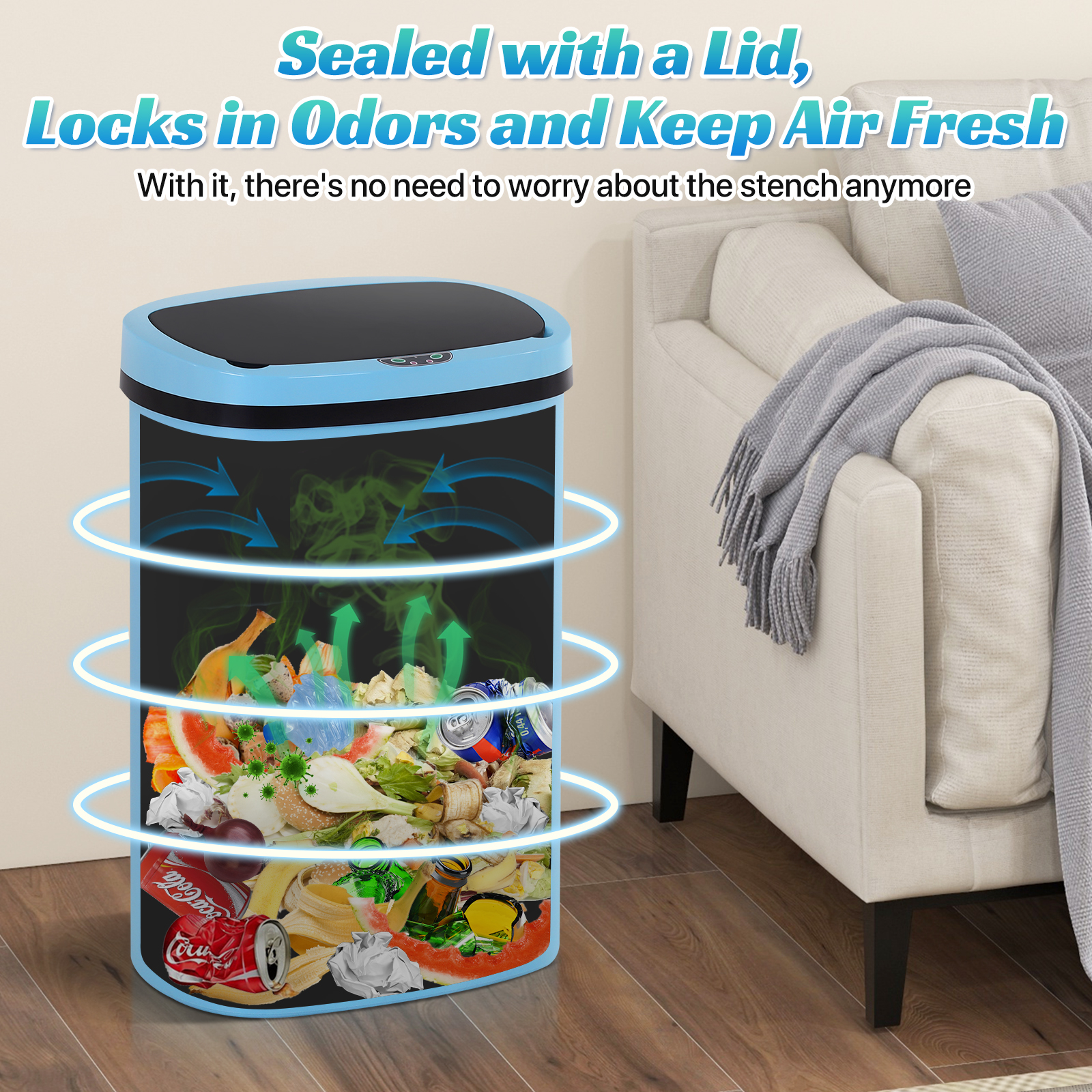 13 Gallon Plastic Garbage Can Kitchen Trash Can Automatic Touch Free Trash can with Lid 50 Liter Waste Bin Mute Anti-Fingerprint for Bedroom Home Office Living Room, Blue
