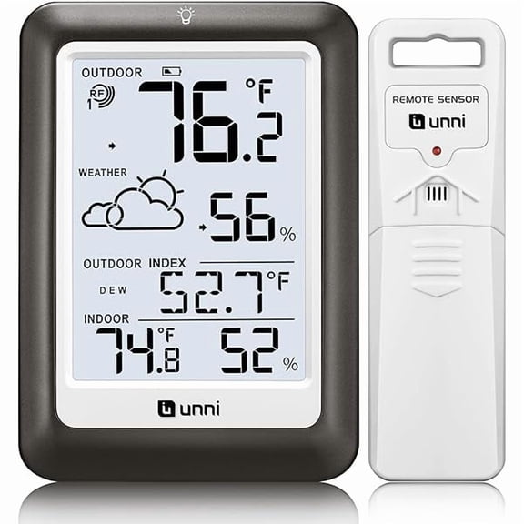 ZLCIndoor Outdoor Thermometer Wireless Weather Station, Temperature Humidity Monitor Battery Powered Inside Outside Thermometers with 330ft Range Remote Sensor and Backlight Display（Metal Black）