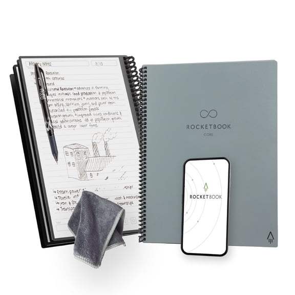 Rocketbook Core Reusable Smart Notebook, Letter 8.5" x 11", Gray, Lined Pages, Cloud Connected Erasable Spiral Notebook