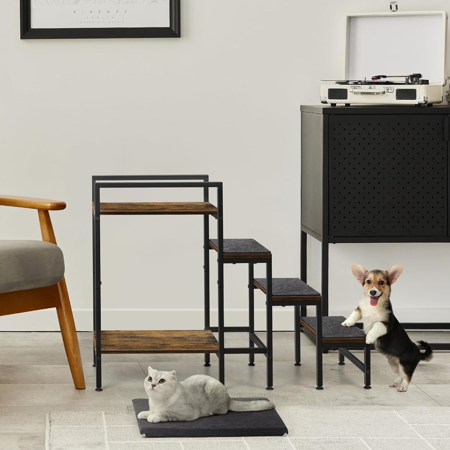 Pet Window Perch with Stairs, 4-Step Dog Bunk Bed for Small Dogs and Cats, Brown MDF Metal Frame