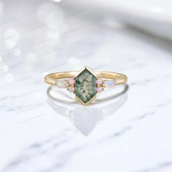 KANISHKAGEMS&JEWELS 9x7MM / 2Ct Natural Moss Agate Engagement Ring Opal Cluster Wedding Jewelry Green Gemstone Promise Ring Christmas Gift For Lover