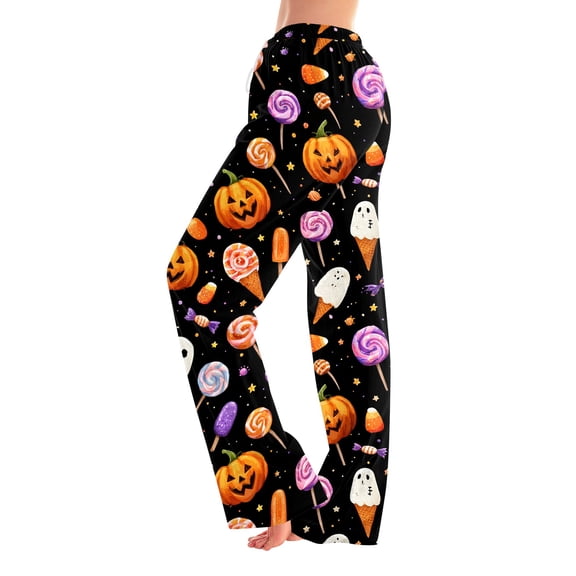 Womens Halloween Pajama Pants Elastic Waist Drawstring Lounge Sleep Bottoms Relaxed Fit Straight Leg Full Length Comfy Pjs Everyday Home Wear with Adjustable Waist Black L