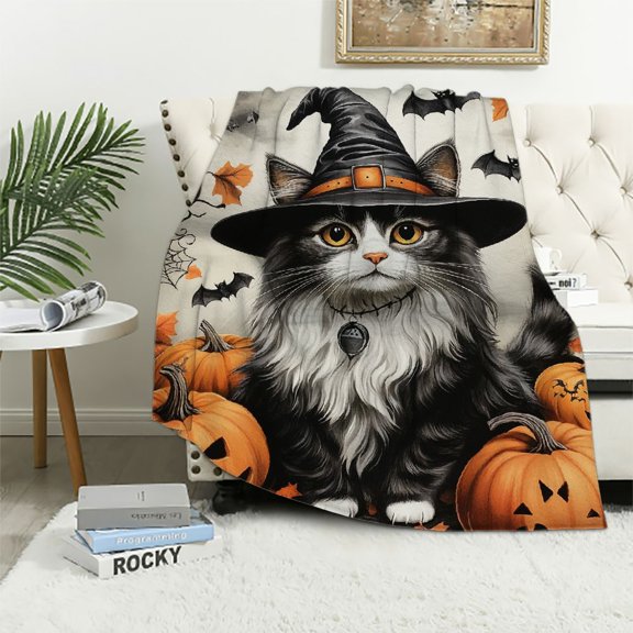 Witchy Cats Halloween Flannel Blanket: Pumpkins & Bats