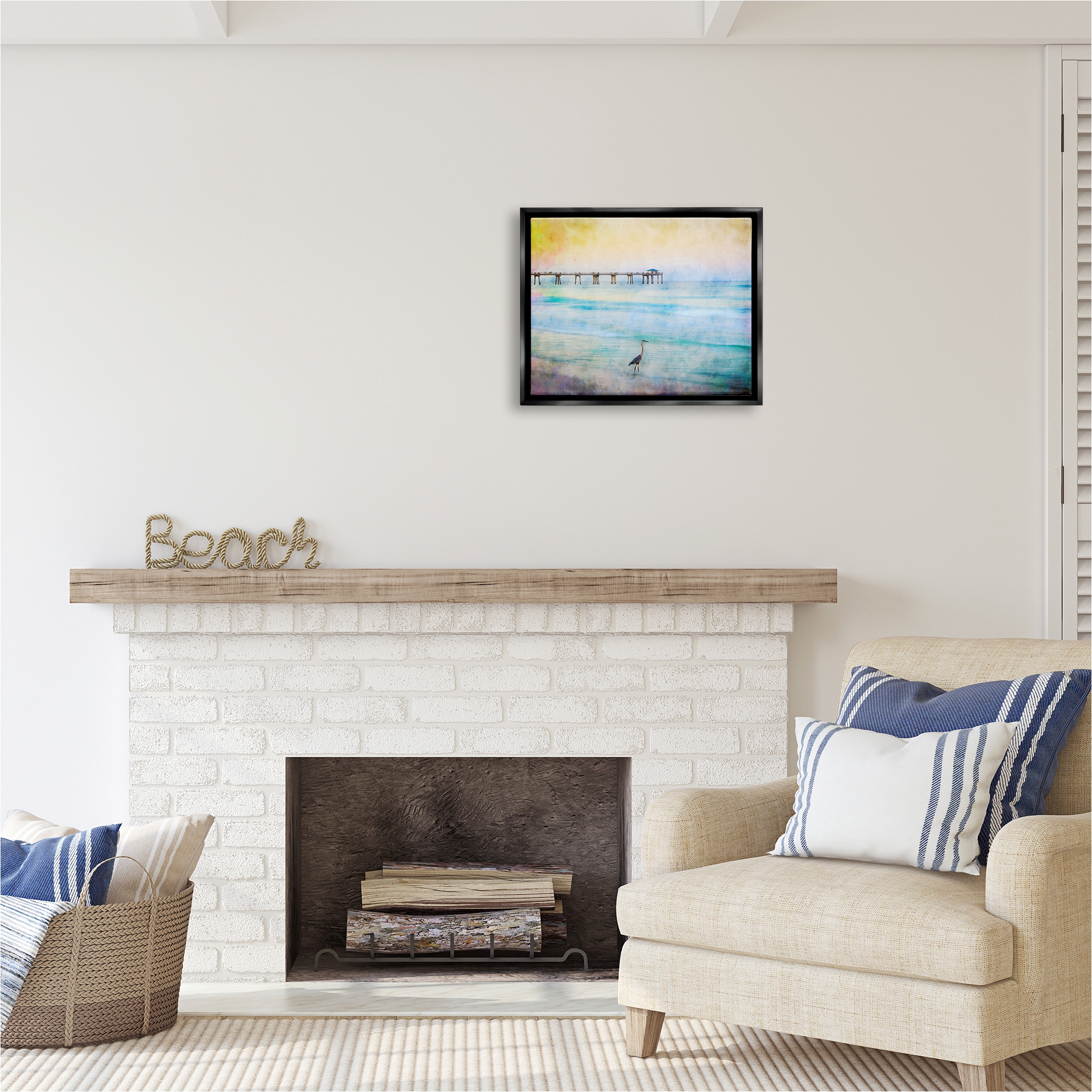Stupell Industries Abstract Heron on Shore Animals & Insects Painting Black Floater Framed Canvas Art Print Wall Art, 21 x 17