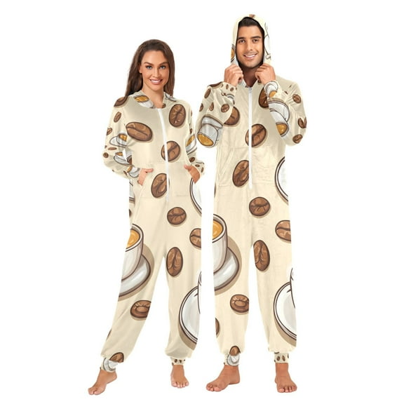 Latte and Coffee Beans Adult Onesie Pajamas Slim Fit Christmas One Piece Suit Pjs for Women and Men Hooded Zipper