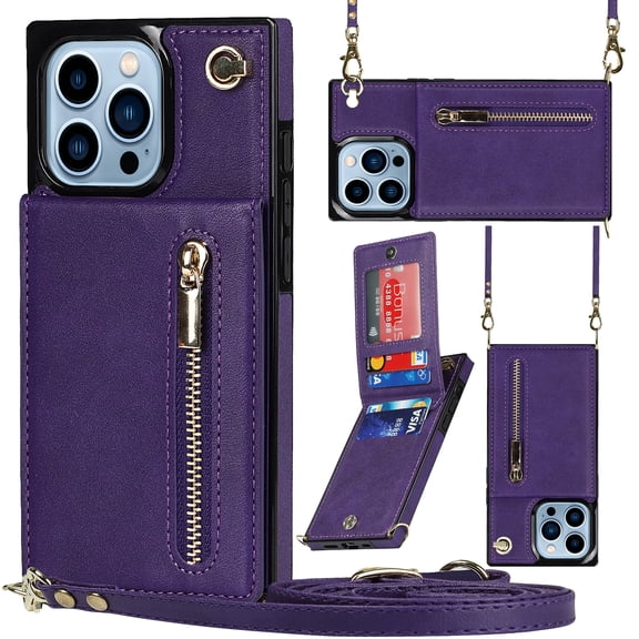 Crossbody Wallet Case for iPhone 16 Pro Max with Card Holders RFID Shockproof Cover, Back Magnetic Flip Kickstand Zipper Slot Case, PU Leather Cover Handbag Shoulder Strap Phone Case,Purple