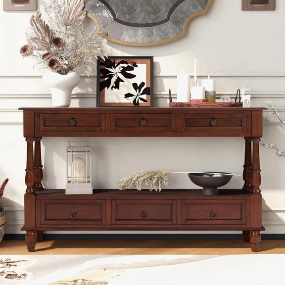 LK TART 54 inch Solid Wood Console Table, Farmhouse Entryway Sofa Table with 6 Drawers, Shelf, for Living Room, Hallway, Cherry
