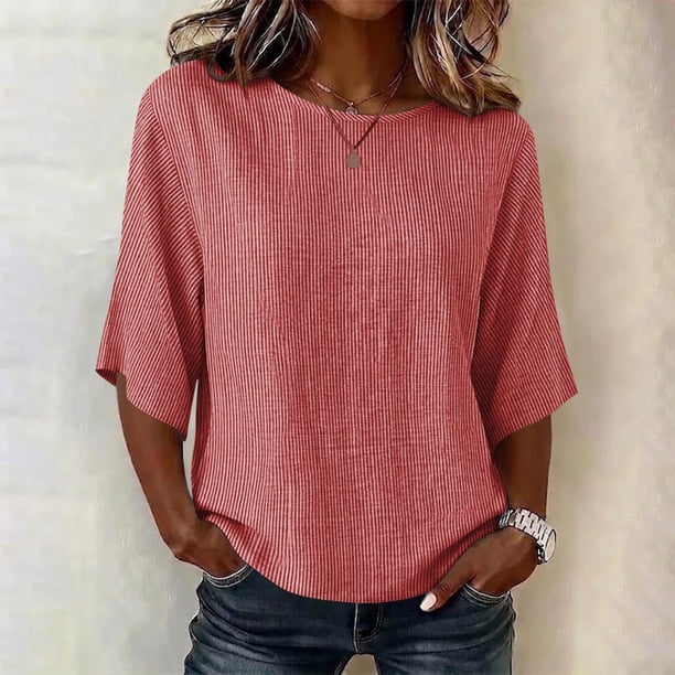 Neewe Women's Summer Casual Crewneck Half Sleeve T-Shirts Plain Loose Fit Cotton Linen Basic Tops Tees Blouses