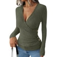 thumbnail image 1 of Womens Long Sleeve Shirts V Neck Ribbed Knit Slim Fit Button Light-Weight Sweater Fall Casual Work Tops Green M, 1 of 10
