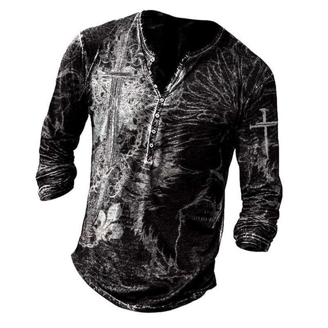 Camiseta Vintage para hombre, camisa de manga larga con cuello en V de imitación de algodón, ropa informal de gran tamaño, Camisa estampada con ancla de barco, otoño