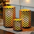thumbnail image 3 of JHY DESIGN Set of 3 Metal Hurricane Holder 4.5 & 6 & 8.5inchH with Fan Pattern Designs Decorative Home Plant Terrarium Tabletop Curio Case/Shadow Box Great for Home Decor and Wedding (Copper), 3 of 7