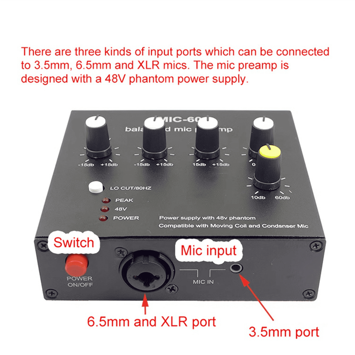 MIC-60 3-Band Equalizer Balanced Mic Preamp Microphone Preamplifier with DC Cable and 3.5mm Cable