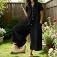 thumbnail image 2 of BVnarty Women Collared Short Sleeve Half Button Culotte Jumpsuit, Loose Relaxed Fit Multi Pocket Design for Backyard Gathering Black L, 2 of 7