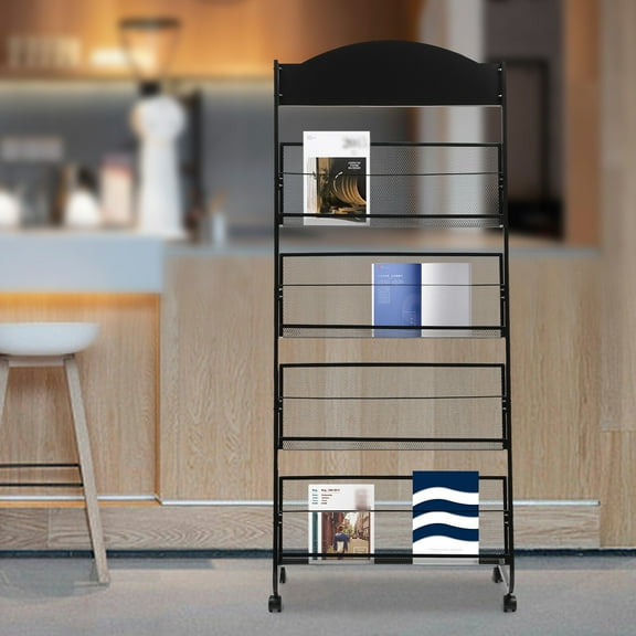 4-Layer Mobile Metal Floor-Standing Magazine Newspaper Rack Black with Wheeled for Offices, Waiting Rooms, Shops, Banks, Event Room