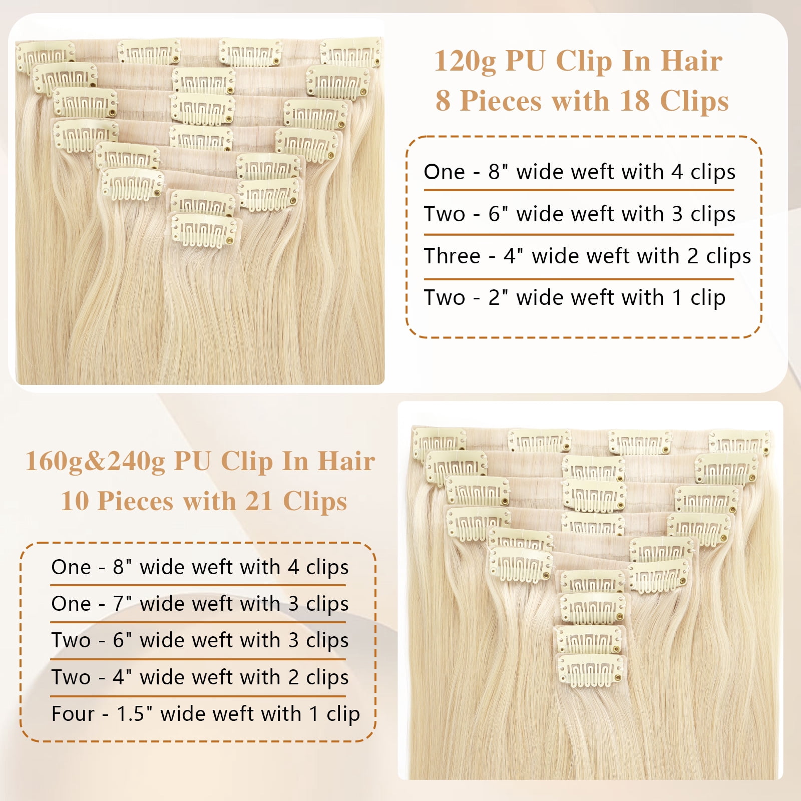 PU Clip In Hair Extensions 60# 160g 18inch