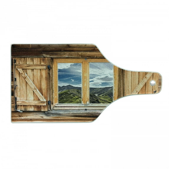 Mountain Cutting Board, Mountain and Sky View Wooden Shuttered Window Room on Top of the Hills Nature Look, Tempered Glass Cutting and Serving Board, Wine Bottle Shape, Multicolor, by Ambesonne
