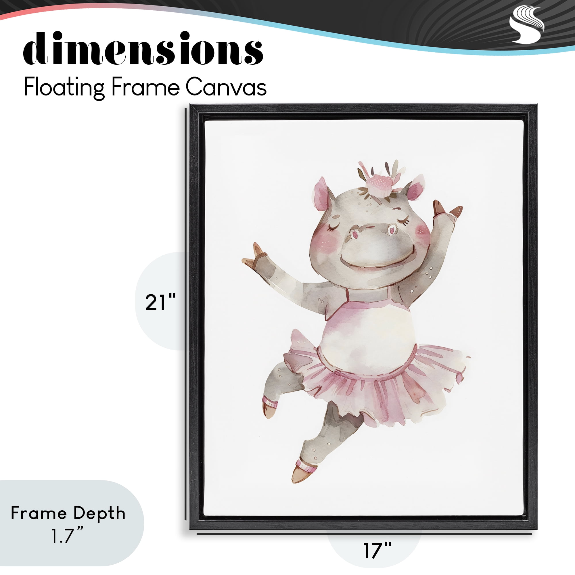 Stupell Industries Ballerina Hippo in Tutu Black Framed Floater Canvas Wall Art, design by LSR Design Studio