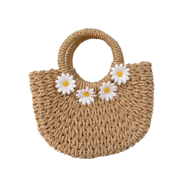 Bolso de mano bohemio tejido a mano con asa superior, estilo informal, de verano Caqui