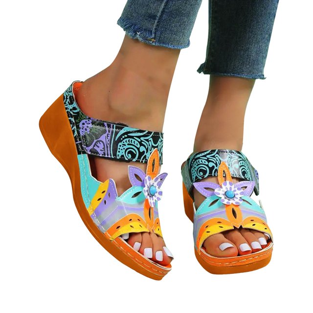 Flower Wedge Sandals for Women 2025 Boho Colorful Leather Open Toe Platform High Heel Slip on Dress Slippers