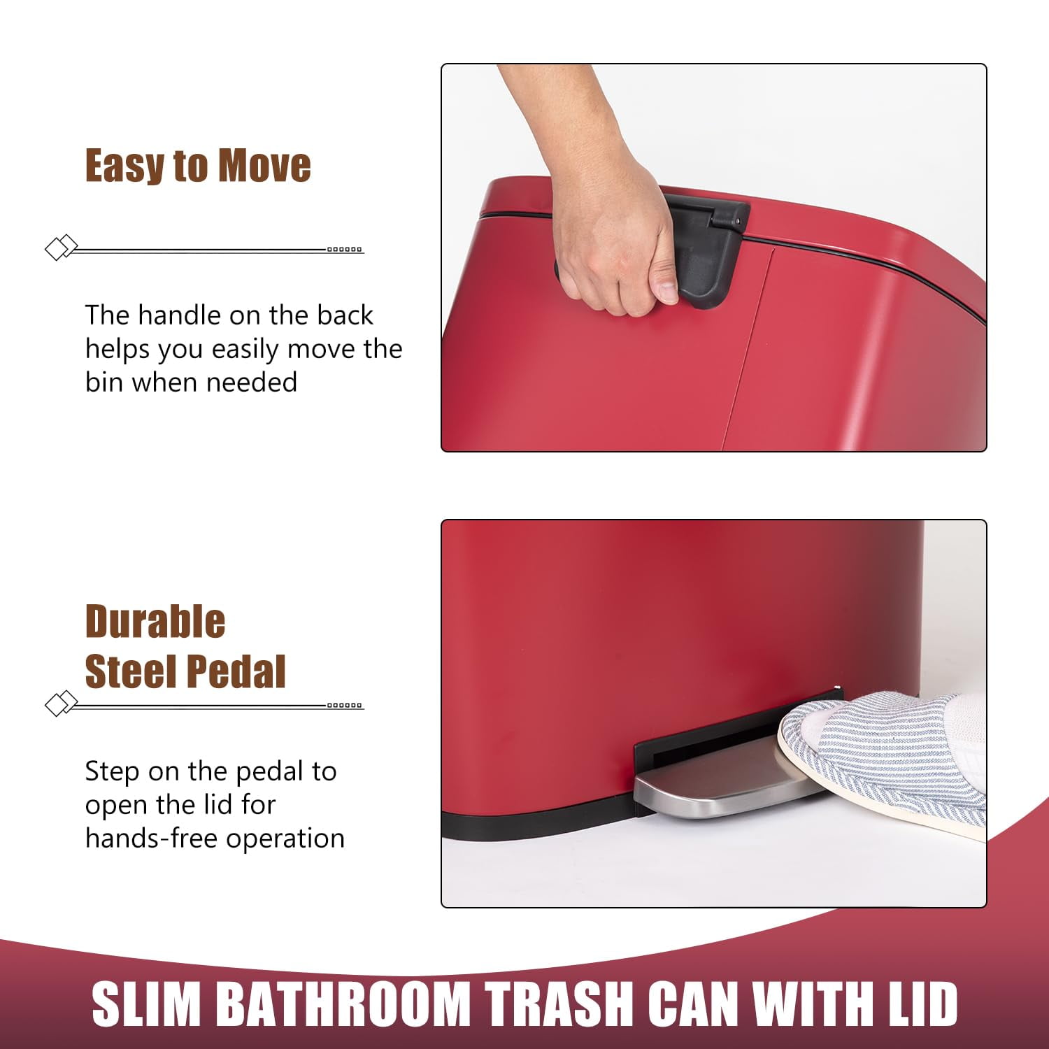 Dkelincs 13 Gallon Kitchen Trash Can with Lid Step Garbage Can Stainless Steel Waste Bin for Home Office, Red