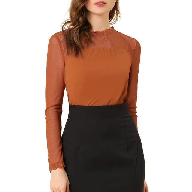 INSPIRE CHIC Haut à Manches Longues en Mousseline à Col Rond en Dentelle Florale pour Femme