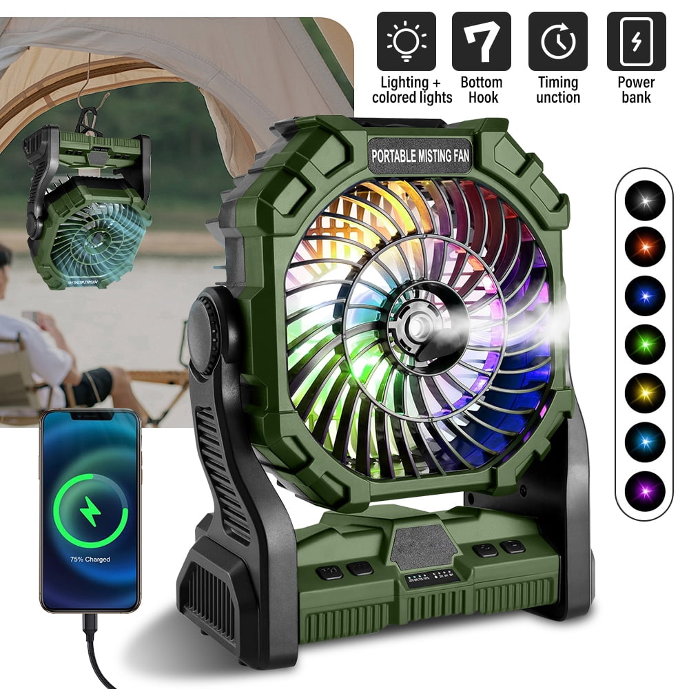 Portable Misting Fan,DFITO 10400mAh Camping Fan with RGB Light & 250mL Water Tank, Battery Operated Rechargeable Mister Tent Fan with Hook, Cooling Mist Fans for Outdoor Patios Beach RV Car Summer