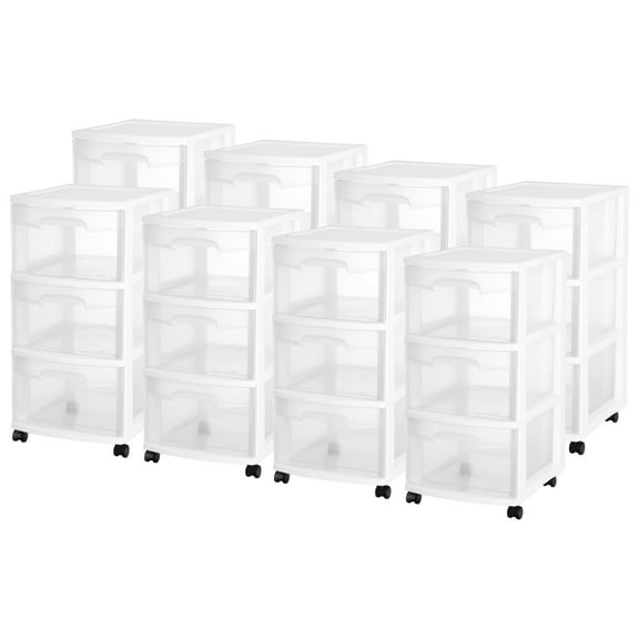 Sterilite 3 Drawer Storage Cart, Plastic Rolling Organizer with Wheels, 8 Pack