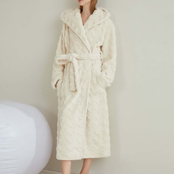 WIZUTIZ Women's Solid Color Lace Trim Fleece Bathrobe with Pockets and Belt Mid-Length Long Sleeve Loungewear Robe Cozy Winter Sleepwear Housecoat