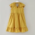 thumbnail image 4 of Sngxgn Girls Ruffle Trim Dress Print and Solid Color A-line Swing Flared Belted Casual Party Dress(Yellow,120), 4 of 7