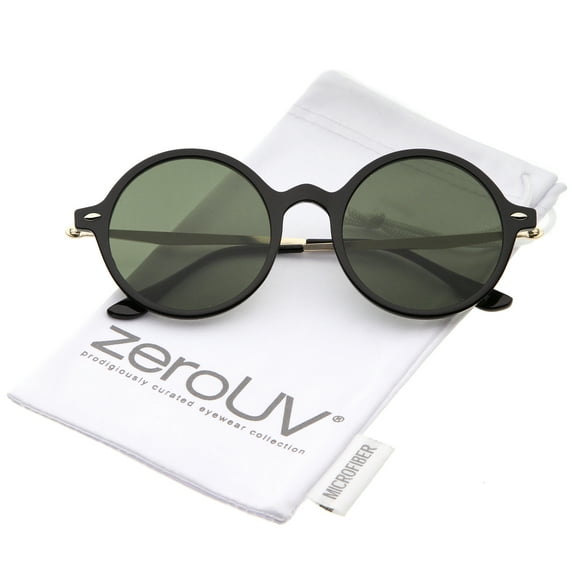 zeroUV Unisex Retro Thin Frame Slim Metal Temples Flat Lens P3 Round Sunglasses 43mm (Black-Gold / Green) - 43mm