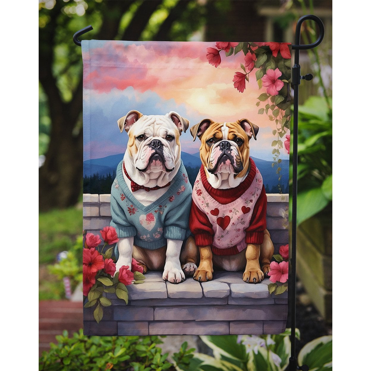 English Bulldog Two Hearts Garden Flag 11.25 in x 15.5 in