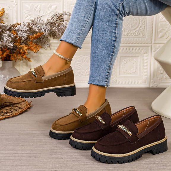 Women's Retro Faux Suede Chunky Heel Loafers, Round Toe Platform Casual Shoes, Metal Buckle Comfortable Mid Heel Walking Shoes for Daily Wear