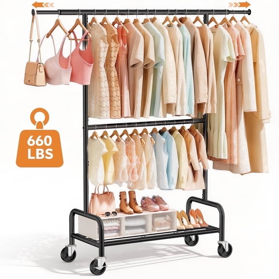 UNTIMATY Heavy Duty Clothes Rack, Double Rod Clothing Rack for Hanging Clothes, Rolling Garment Rack, Adjustable Freestanding Wardrobe Closet Coat Rack for Bedroom Laundry Living Room, Black