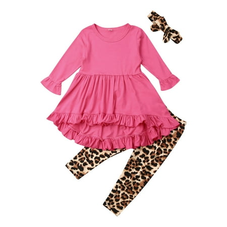 

Caitzr Toddler Baby Girl Leopard Print Long Sleeve Tops Dress Pants Bow Hairband Outfits